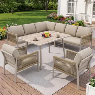 Flieks Gartenlounge-Set 6 teilig für 7-8 Personen, Gartenmöbelset mit Kissen, Tisch mit Holzoptik-Glasplatte, Sofagarnitur Terassenmöbelset, Beige - Beige