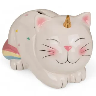 MIJOMA Keramik Spardose mit Schloss und Schlüssel, Ideal als Geldgeschenkverpackung und zur Geldsicherung (Einhorn-Katze)