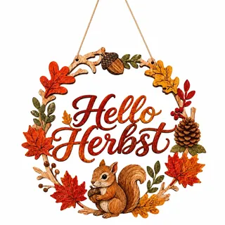 Holz Türkranz Herbst 25cm mit Eichhörnchen, Herbstkranz Haustür | Ideal als Herbstdeko Türkranz und Herbstdeko Innen. Schöne Türdeko Herbst für Thanksgiving, Haustür und Fenster