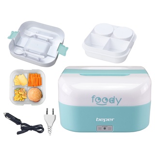 BEPER FOODY Elektrische Lunchbox für Auto, Truck, Office, Schule mit Doppelsteckdose (Auto/Wand) - Lunchbox Thermo mit 4 Trennbaren Innenfächern + Besteck inklusive, Blau