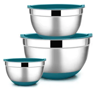 Joyfair Rührschüssel 3er Set, Edelstahl Schüssel mit Luftdichtem Deckel & Rutschfestem Boden, Salatschüssel Set für Küche/Backen/Kochen/Zubereitung, Spülmaschinenfest - 4.6L / 2.8L / 1.2L (Blau)