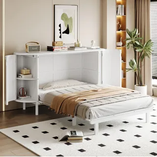 Fortuna Lai Schrankbett 140 x 200 cm, Wandbett mit Lattenrost, Wandklappbett, vertikales schrankbett mit Lattenrost, mit Staufächern, Rattan-Design, Holzbetten, Jugendbetten, Einzelbetten,Weiß - Weiß