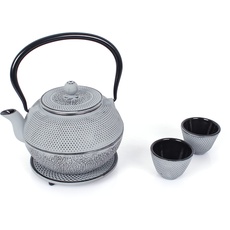 Bild von Teeservice aus Gusseisen, Teekanne 1,1 L mit abnehmbarem Sieb, Teebereiter mit Untersetzer, Teekannen-Set Grau