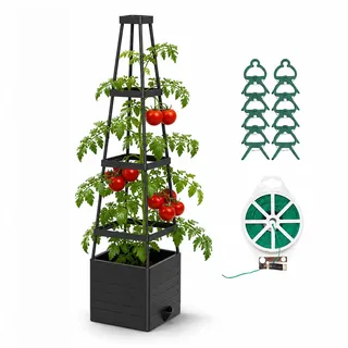 JQTOP Tomatentopf mit Rankhilfe 145 cm, Pflanzkübel mit Rankgitter und Selbstbewässerung, Hochbeet für Tomaten, Gurken und Kletterpflanzen, Outdoor für Balkon Garten