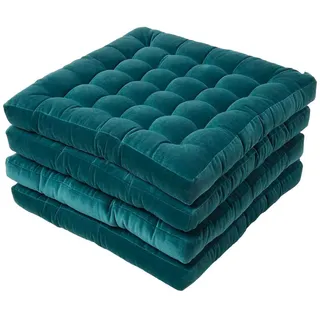 Homescapes Stuhlkissen Samt 4er-Set petrolgrün 40/40/5 cm , Petrol , Textil , Quadratisch , 40x5x40 cm , Oeko-Tex® , Heimtextilien, Wohntextilien, Sitzkissen
