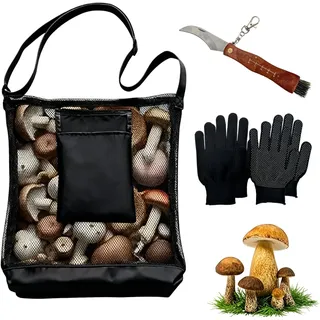 Pilzsammler Set – Pilzmesser Mit Bürste, Rutschfeste Handschuhe & Faltbare Pilztasche Zum Umhängen, Pilze Set 4 Stück Ideal Zum Pilze Sammeln – Zubehör Für Wandern, Camping & Outdoor