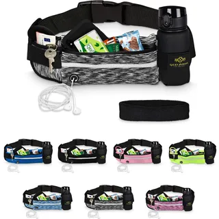 Lucky Humans Laufgürtel Sport mit Handy-Tasche Schwarz - Damen & Herren Bauch-Tasche für Joggen und Laufen - Trinkgürtel mit Flaschen- und Handy-Halterung