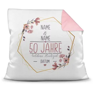 Kissen Hochzeitstag Goldene Hochzeit - mit Name & Datum selbst gestalten - 50 Jahre Ehe, Geschenk Hochzeit, Jubiläum, Jahrestag - Hochzeit Farbkissen Rückseite Rosa, 40x40 cm I Personalisiert
