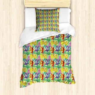 ABAKUHAUS Yoga Mantele, Bunte Poses Ost-Asien, Milbensicher Allergiker geeignet mit Kissenbezügen, 135 cm x 200 cm - 80 x 80 cm, Mehrfarbig