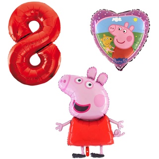 Ballonset Peppa Wutz Pig 3 er Set Peppa Folienballon, Zahl 8 in rot, Peppa mit Teddy Herz