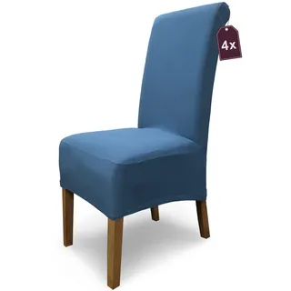 Scheffler Home Stuhlhussen Emma Cottina Blau 4er Set – Elastische waschbare Stuhlbezüge aus Baumwolle – Stuhlabdeckungen für Hochlehner Esszimmerstühle – Öko-Tex Zertifiziert