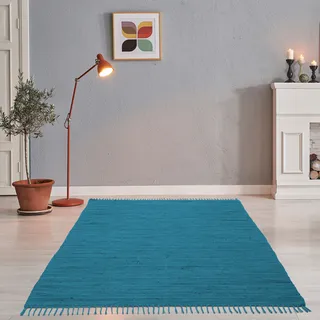 Teppich THEKO "Happy Cotton Fleckerl, handgewebt" Gr. 3, blau (türkis), B:70cm H:5mm L:140cm, Baumwolle, Teppiche, Teppich, Flachgewebe, reine Baumwolle, meliert, mit Fransen, auch als Läufer