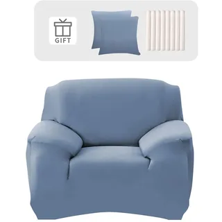 Lydevo Sofabezug 1 Sitzer Stretch Sofahusse Elastischer Sofabezug Spandex Sofa Überzug mit 2 Kissenbezug Anti-Rutsch Waschbar Sofa Protection Cover Schonbezug Couch,Blau Grau