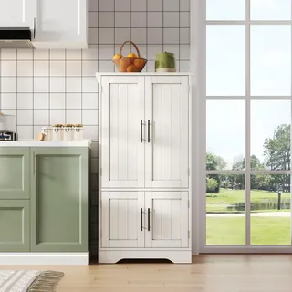 Flieks Küche Hochschrank mit LED, 4-türiger Schrank mit Regalböden & Türablagen, 120x60x40 cm, geeignet für Küche, Esszimmer oder Wohnzimmer, weiß - Weiß