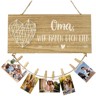 Zhixan Holzbrett mit Fotoaufhängung, beste personalisierte Geschenke für Oma mit Herzdesign, Geburtstagsgeschenk Wanddeko für Familienfotos zum Muttertag