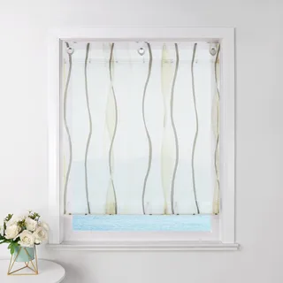 ESLIR Raffrollo mit Ösen Gardinen Küche Raffgardinen Transparent Ösenrollo Vorhänge Mit Wellen-Druck Modern Voile Sand BxH 100x140cm 1 Stück