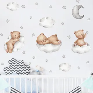 1 Stück Wandsticker & Wandtattoo, Teddybär auf Wolken mit Sternen und Mond, Dekoratives Wanddekoration für Kinderzimmer und Babyzimmer, Selbstklebende Wandaufkleber zum Gestalten