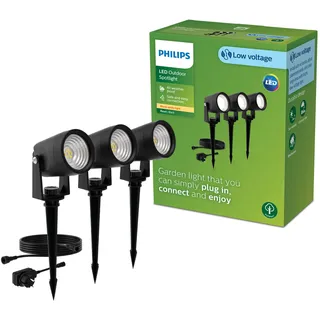 Philips Reuel Outdoor GardenLink Niedervolt-Spot, 24 V, 2700 K warmweißes Licht, 180 lm, Schwarz, Starter-Set, 3er Pack, EU-Stecker