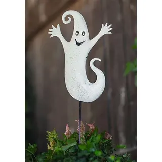 Gartenstecker "Gespenst" aus Metall mit LED Beleuchtung, Halloweendeko, Blumestecker, Gartendeko für Draußen - Weiß
