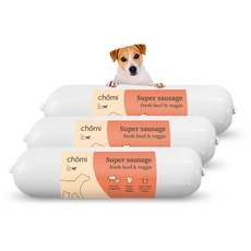 Chōmi Dog Super Sausage Fresh Beef & Veggie 8-er Pack | (200g x 8) Hundefutter | Nassfutter Für Hunde | Rindfleischwurst für Hunde | Adult | Getreide- und konservierungsmittelfrei | Mit Algen | Barf