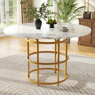 Flieks runder Esstisch, eleganter Kaffeetisch, Küchentisch für Esszimmer Wohnzimmer, Tischplatte aus marmoriertem MDF, weiß+golden - Weiß, Gold