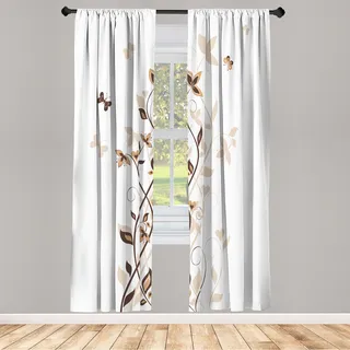 ABAKUHAUS Frühling Vorhänge 2 Panel Set für Wohnzimmer Schlafzimmer Dekor, Violette Baum Wirbelnde Persischer Flieder Blüten Mit Schmetterling Zierpflanze Grafik, 150 cm x 175 cm, Umber Beige - Weiß