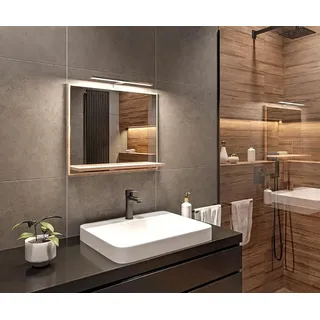 hajduk furniture Badezimmer Spiegel mit Beleuchtung und Ablage, Sonoma Badspiegel Wandspiegel 60 cm, Bad Spiegel mit LED Aufbauleuchte - Beige