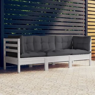 The Living Store 3-Sitzer-Gartensofa mit Anthrazit Kissen Massivholz Kiefer - Weiß