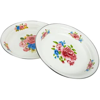 COLLBATH Emaille Teller im Retro Stil 2 Stück, Emailliert, Rund | Emaille Teller, Multifunktions Snackteller, Gemüse und Obstteller, Retro Früchteteller