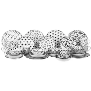 Novel Kombiservice , Schwarz, Weiß , Keramik , 30-teilig , Abstraktes , 350 ml,550 ml , Lfgb , lebensmittelecht , Geschirr, Geschirrsets, Kombiservice