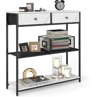VASAGLE Konsolentisch schmal, Beistelltisch mit 2 Stoffschubladen, Flurtisch, 24 x 76 x 80 cm, für Flur, Wohnzimmer, marmorweiß-tintenschwarz LNT092W01