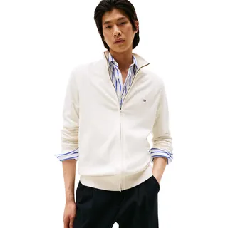 Tommy Hilfiger Herren, Pullover mit Reißverschluss Essential Cotton Zip Thru Stehkragen, Elfenbein ivory petal, L,