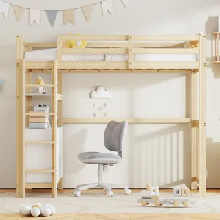 Ball & Cast Hochbett (90x200cm) mit Schubladen und Lagerregal, Holzerner Bettgestell mit Leiter & Geländer, Einfach und Zeitsparend Montierbar, Naturbelassen