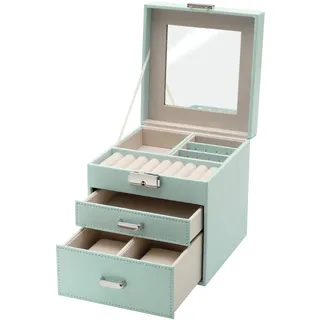 Clauss Schmuckkästchen, 3 Ebenen, 2 Schubladen, Spiegel im Deckel, abschließbar, PU-Leder, Geschenk, BC-10045