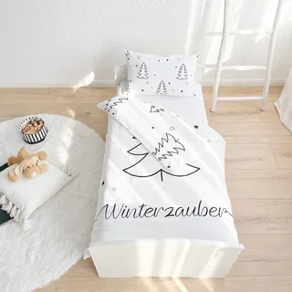 TRAUMHELDEN Winter Babybettwäsche 135x100 FLANELL / BIBER , 1 Kissenbezug 40x60 + 1 Bettbezug 100x135 cm ☆ Weihnachtsbettwäsche Sterne Tannenbaum ☆ Hochwertige Kinder-Bettwäsche Wintermotiv