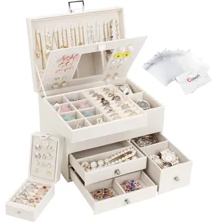 Casiwaft Schmuckkästchen, 3 Ebenen großer PU Leder Reise Schmuckschatulle mit tragbarer Mini-Box für Reisen, Schmuckbox mit Spiegel für Halsketten, Ohrringe, Ringe, Uhren, Beige