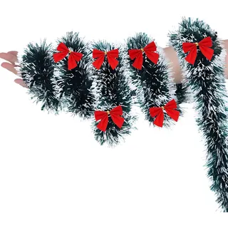 Weihnachtsgirlande Grün mit Roten Schleifen, Tannengirlande Green, Girlande Weihnachten, Türgirlande, Weihnachtsdeko für Advents Outdoor Home Türrahmen Tisch Treppengeländer Weihnachtsbaum (B)