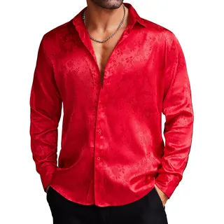 Coofandy Herren Langarm Satin bedruckter Seide Kleid Hemd Tanz Abschlussball-Partei Tasten-Nieder-Hemden mittel rot