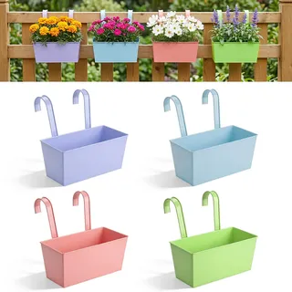 Yimomoyi 4 Stück Hängende Blumentöpfe für Balkon Geländer Zaun Garten, Metall Blumentöpfe Pflanzentöpfe Blumenkasten Pflanzkasten zum Aufhängen mit Abnehmbarem Haken (Mehrfarbig)
