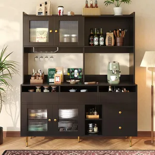 Flieks Küche Hochschränke Küchenbuffet mit Glastür, Küchenschränke Buffet mit Weingestell, Buffetschrank Highboard mit Offenen Staufächern, Schwarz - Schwarz