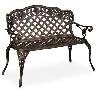 Relaxdays Gartenbank, 2 Sitzer, Rosen, Terrasse, Balkon, Aluminium Guss, antike Sitzbank, 84x111,5x56 cm, schwarz/bronze