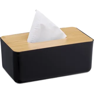 Relaxdays Taschentuchbox, nachfüllbar, Badezimmer, Tücherbox, Bambus-Deckel, Kunststoff, HBT: 10x23x13 cm, schwarz/Natur