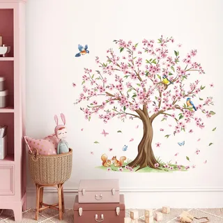 FUFUQUARE Wandtattoo Rosa KirschblütenBaum Wandaufkleber Aquarell Vögeln Vinyl Selbstklebend Wandsticker für Wohnzimmer Schlafzimmer Kinderzimmer TV Hintergrund Wanddeko