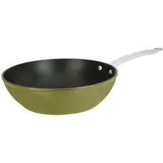 Sitram 715707 Wok, Aluminium, recycelt, Ø 28 cm, Höhe 8 cm, Farbe Grün metallisch, Antihaftbeschichtung, ohne PFOA, Griffe aus Edelstahl, genietet, Dampfdeckel aus Glas, für alle Herde, auch Induktion