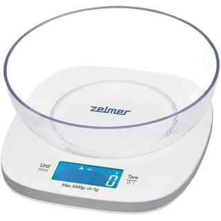 Zelmer ZKS1450 - Digitale Küchenwaage mit Schüssel, 1 g bis 5 kg, mit LCD-Anzeige, Tara-Funktion, mit oder ohne Schüssel verwendbar, Weiß/Symbio.