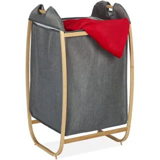 Relaxdays Wäschekorb mit Bambusrahmen, Stoff Wäschesack, 70 Liter, HBT: 80 x 44 x 43 cm, Wäschesammler offen, grau/natur