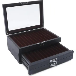 Stiftebox aus Holz - Display- und Aufbewahrungsbox - Drei Ebenen - Zwölf Fächer - Schloss mit Schlüssel - Rechteckig - Schwarz