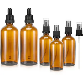 Zikenis 5-teilige Braun Zerstäuber Sprühflasche, 2x100ml 3x50ml mit UV-Schutz, Austauschbare Tropfer und Sprühspitzen, Starke Abdichtung, Tragbar, Reusable, Glas, Braun