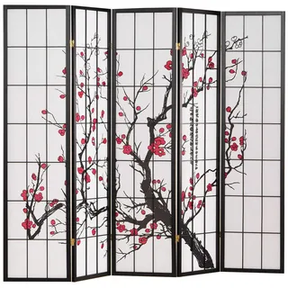 Homestyle4u Paravent Raumteiler, 3 4 5 oder 6 teilig, Holz Schwarz, Reispapier Weiß, Kirschmust