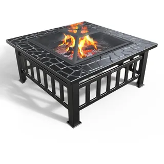 VOUNOT® Feuerschale mit Funkenschutz, Metall Feuerstelle Feuerkorb für Garden Terrasse Heizung, mit Wasserfester Schutzhülle, 81x81x45cm